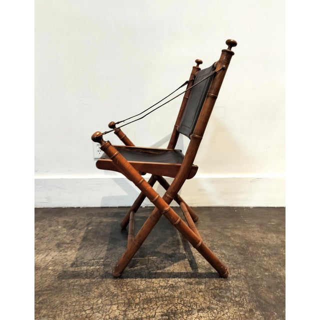 Hollywood Regency Vintage 1970s Faux Bamboo and Leather Folding Chair For Sale - Image 3 of 9