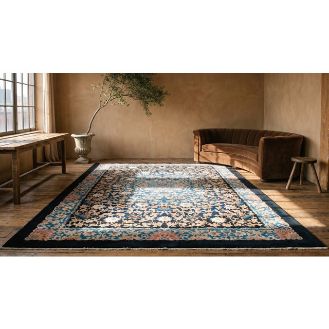 Black 1920s Black Arabesques Antique Chinese Art Deco Rug 9'2" X 11'8" Handknotted Wool Carpet For Sale - Image 8 of 8