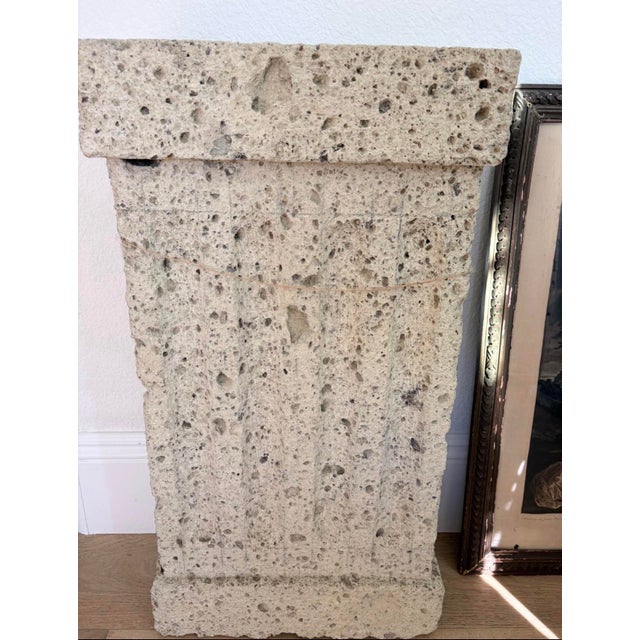 Substantial vintage-style architectural pedestal crafted from heavy cast concrete, featuring a beautifully weathered...