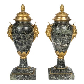 Sea Green Marble and Gilded Bronze Cassolettes, Set of 2 For Sale
