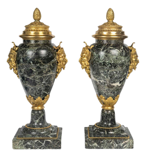 Sea Green Marble and Gilded Bronze Cassolettes, Set of 2
