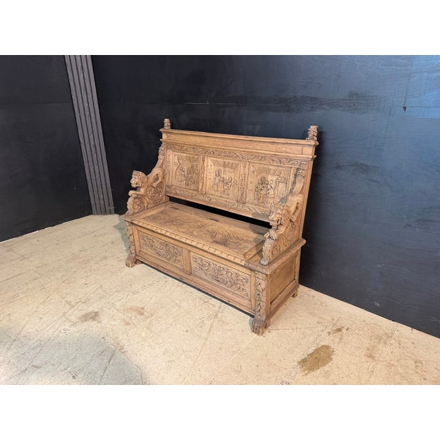 Antique French Carved Oak Bench with Tavern Scene, 1850 For Sale - Image 3 of 18