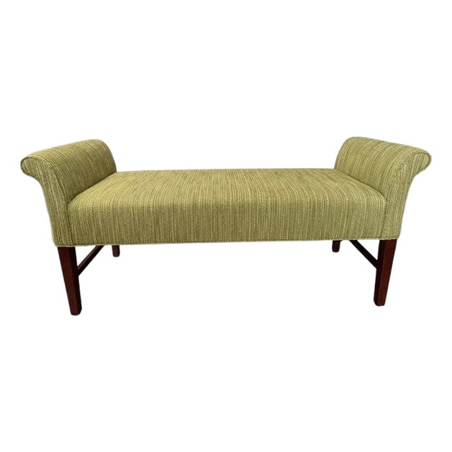 1970s Vintage Green Upholstered Window Bench With Rolled Arms & Wood Legs For Sale