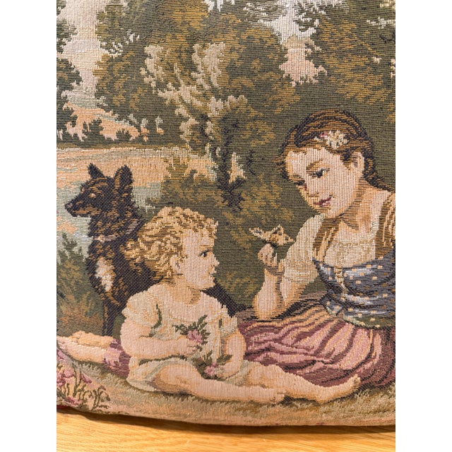 Vintage French Bucolic Tapestry Pillow With Young Woman, Small Child, and a Dog For Sale - Image 4 of 11