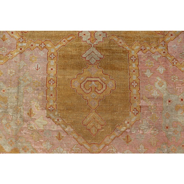 Squared Shape Antique Oushak Rug in Green, Marigold, Cream and Pink Color For Sale In Atlanta - Image 6 of 17