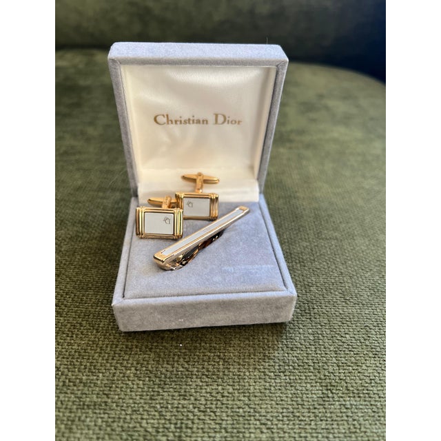 Rare Monsiuer Vintage Christian Dior Gold Plate Cufflinks & Tie Clip In Original Lux Case Circa 1980 Original Case...