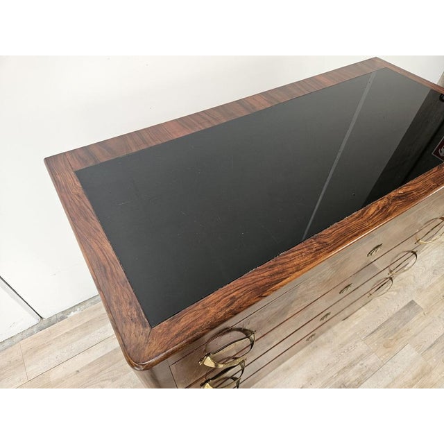 1940s Art Deco Walnut Burl Chest of Drawers with Black Glass Top and Brass Handles, 1940 For Sale - Image 5 of 18