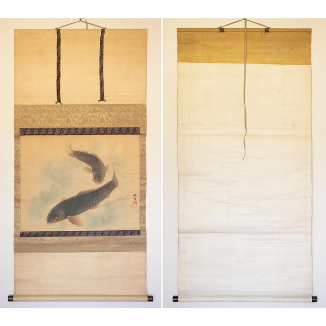 1900-1940s Large Japanese Silk Scroll Painting "Two Carps", Signed and Sealed For Sale - Image 14 of 15
