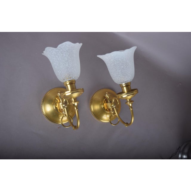 Brass Wall Sconces with Frosted Textured Tulip Glass Shades, 1950s, Set of 2 For Sale - Image 4 of 15