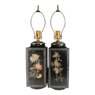 Antique 18th Century Chinese Black Lacquered Cong Style Vase Lamps - a Pair For Sale