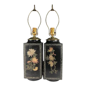 Antique 18th Century Chinese Black Lacquered Cong Style Vase Lamps - a Pair