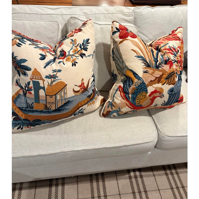 A pair of custom pillows made with the iconic Brunswig and Fils linen fabric called “Le Lac” Vibrant colors and stunning...