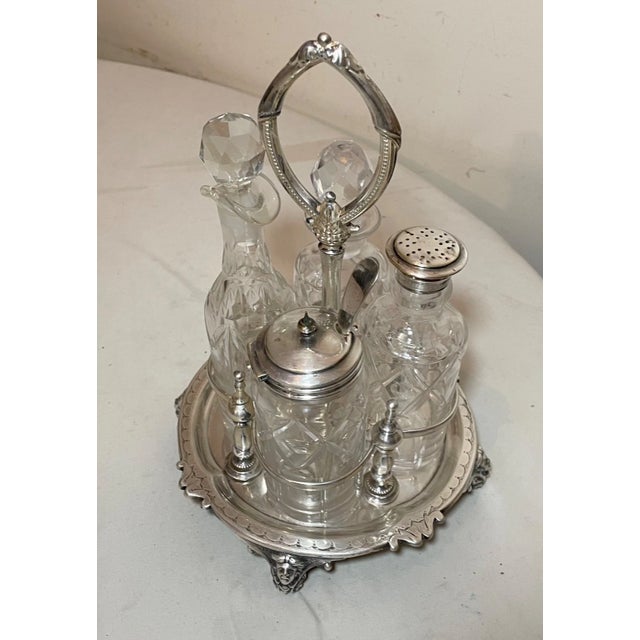19th Century Antique 1800's Ornate Cut Crystal Silver Plate Figural Cruet Condiment Set Caddy For Sale - Image 5 of 16
