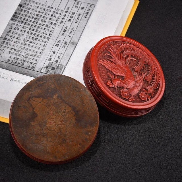 Red Chinoiserie Round Lacquer Trinket Box, Phoenix Bird Relief Carving, Curio Cabinet Decor For Sale - Image 8 of 9