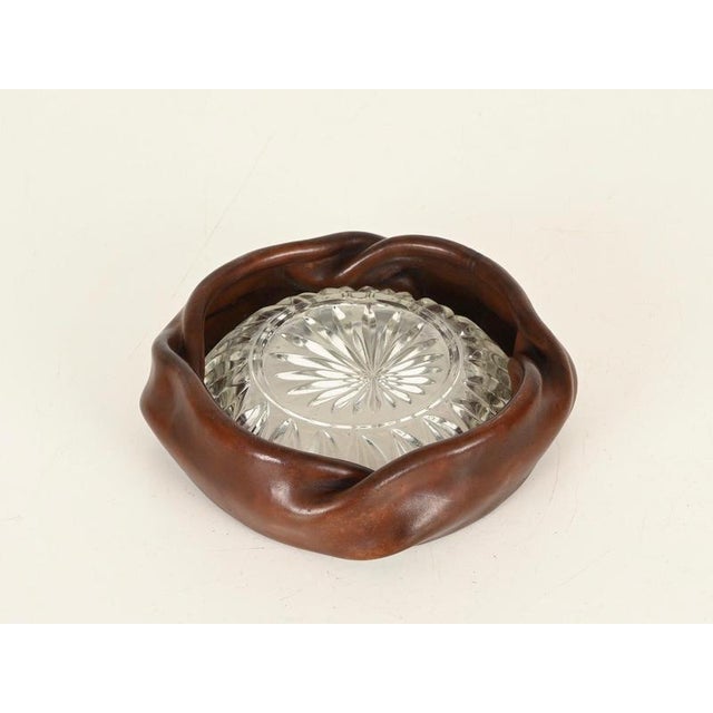 Curved Nova Ashtray in Brown Leather and Cut Crystal from Tecno, Italy, 1950s For Sale - Image 10 of 12