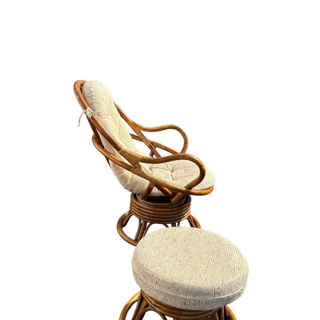 1980s Mid-Century Modern Papasan Style Bamboo Lounge Chair and Footstool For Sale - Image 11 of 11