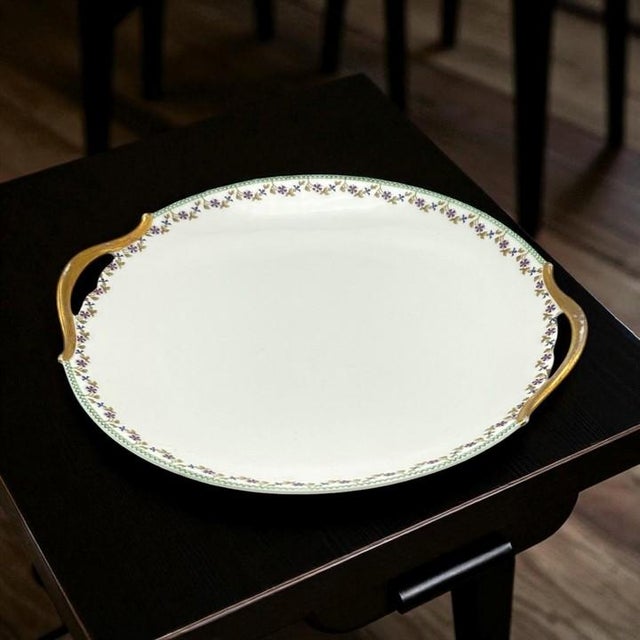 Antique Art Deco Limoges Tressemanes Et Vogt T&v Serving Platter With Handles (Flower Pattern on Border) For Sale - Image 18 of 18