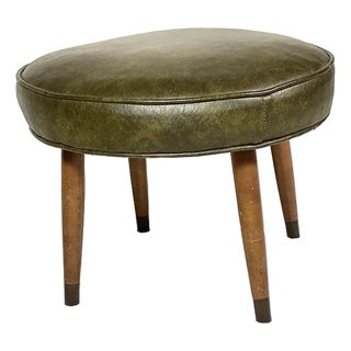 Vintage 1950s Mid Century Modern Green Vinyl Stool Ottoman Atomic Wood Legs For Sale