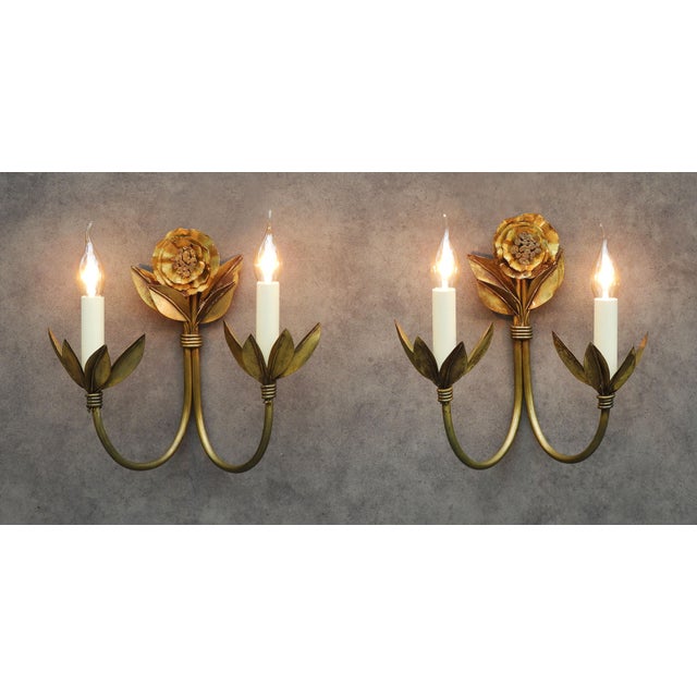 Gold French Brutalist Style Floral Wall Lights, 1980s, Set of 2 For Sale - Image 8 of 9