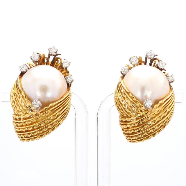 Metal 15mm Mabe Pearl & Diamond 14k Gold Retro Era Lever Back Earrings, Pair For Sale - Image 7 of 7