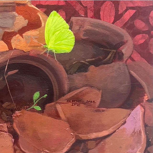 Light in the Darkness (III) by Ifeoluwa Alade | Acrylic and glow in the dark medium on canvas Still life with butterflies and broken pottery For Sale - Image 4 of 5