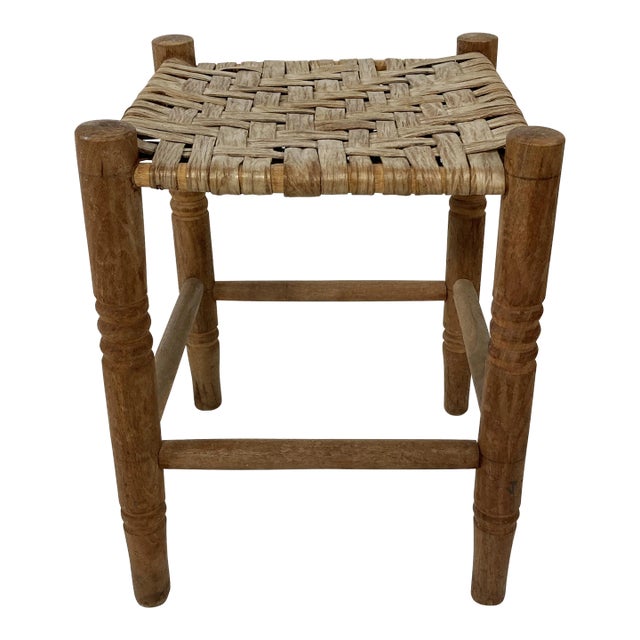 Antique Turned Wood Woven Top Stool For Sale
