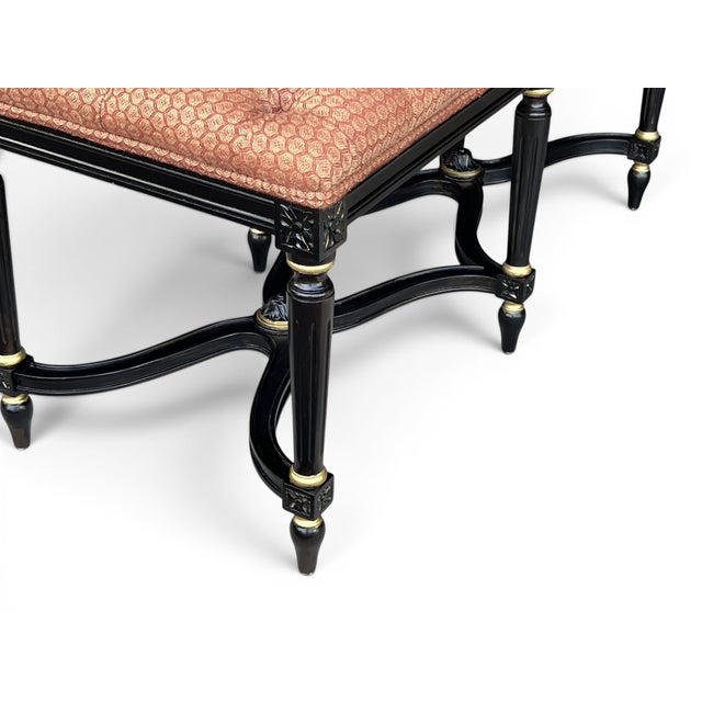 Wood 1960s Louis XVI Style Ebonized Bench With Tufted Coral Jacquard Upholstery For Sale - Image 7 of 10