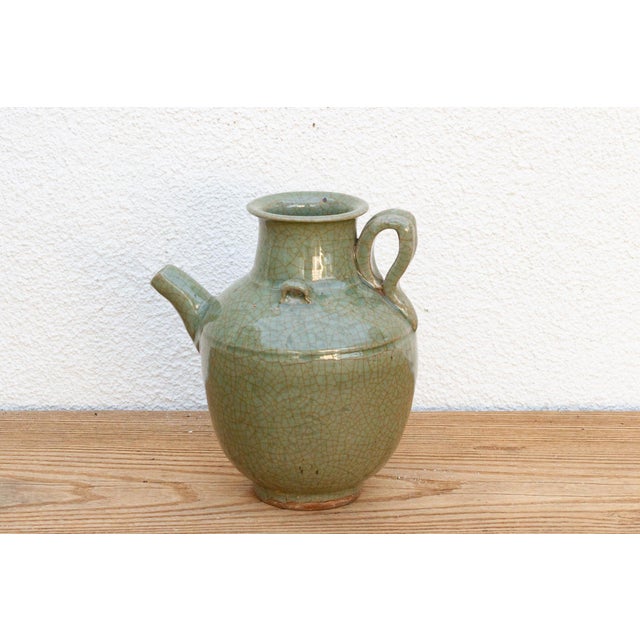 Vintage Crackle Green Pottery Jug For Sale - Image 4 of 8