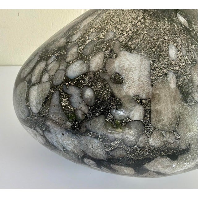 Original retail $619, stylish Revelation Modern Hand Blow Black Art Glass Pebble Vase, neutral medallion accents, showroom...