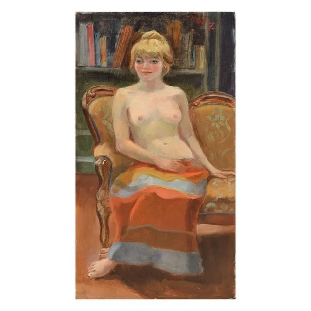 1970s 1970s Figurative Female Nude in a Library Oil Painting by Margaret Wherry Ziegler For Sale - Image 5 of 5