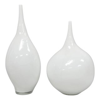 Decorative Modern White Bulbous Art Glass Vessel Vase by Lazy Susan - 2 Pc Set For Sale