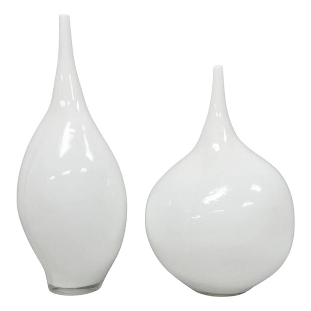 Decorative Modern White Bulbous Art Glass Vessel Vase by Lazy Susan - 2 Pc Set For Sale