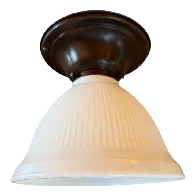 Signed Vintage Stiffel Ribbed Milk Glass Flushmount Light Fixture For Sale