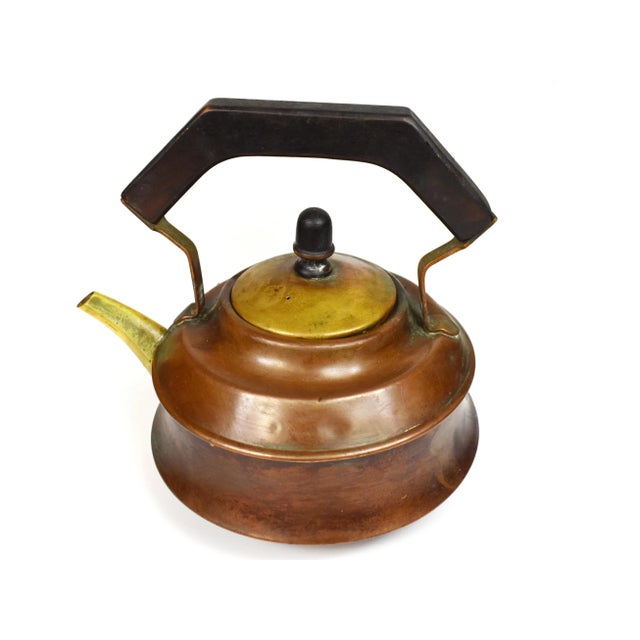 Farmhouse Antique Early 20th Century Copper Tea Kettle With Wooden Handle & Base Made in Portugal For Sale - Image 3 of 12