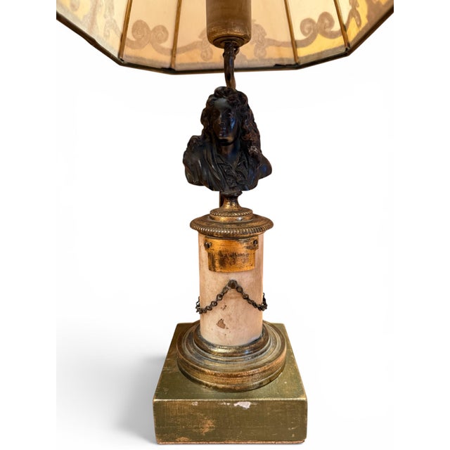 A pair of French bronze and marble miniature table lamps incorporating 18th century statuette elements. Each lamp features...