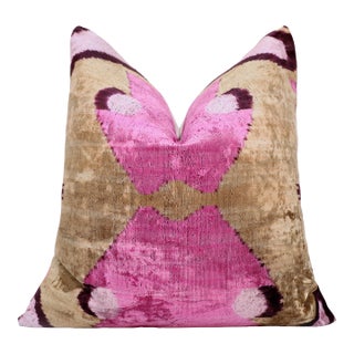 Fuchsia Pink Ikat Velvet Throw Pillow 20x20 | Luxury Designer Accent Cushion For Sale
