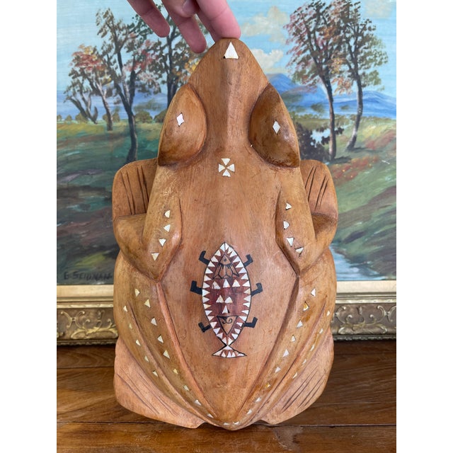 Wood 1970s Hand-Carved Wooden Frog Wall Plaque With Inlay and Tribal Motif Design For Sale - Image 7 of 11