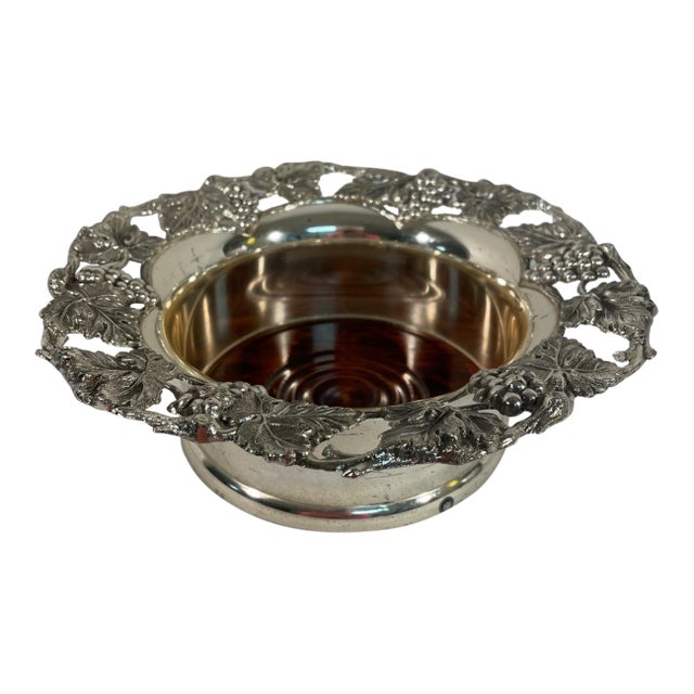 Vintage 1980s Silverplated Wine Bottle Coaster With Grape Motif For Sale