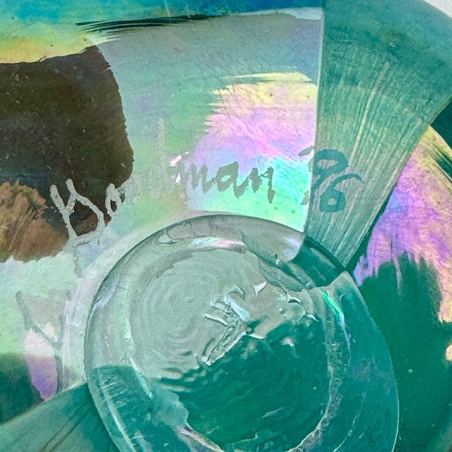 Aqua 1996 Vintage Triangular Glass Paperweight With Sea Aqua Theme Signed C. Goodman For Sale - Image 8 of 8