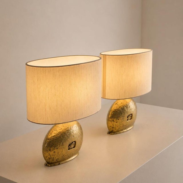 Italian Lamps in Cast Brass with Oval Lampshades, 1970s, Set of 2 For Sale - Image 5 of 9