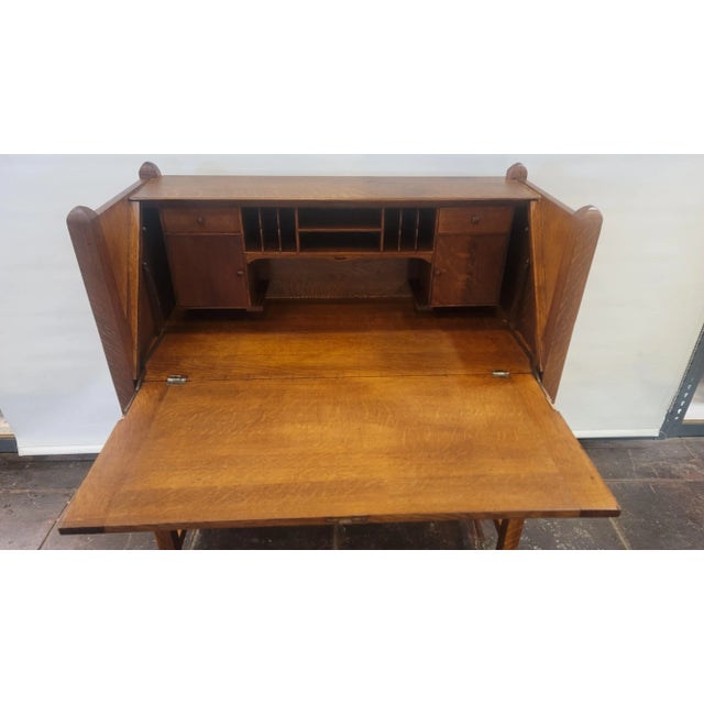1910s Mission Arts & Crafts Charles Limbert Strap-Hinge Three Drawer Drop Front Desk C .1910 Rare For Sale - Image 5 of 12
