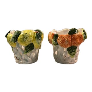 1970s Majolica Lemon Orange Centerpiece Candle Holders / Planters - A Pair For Sale
