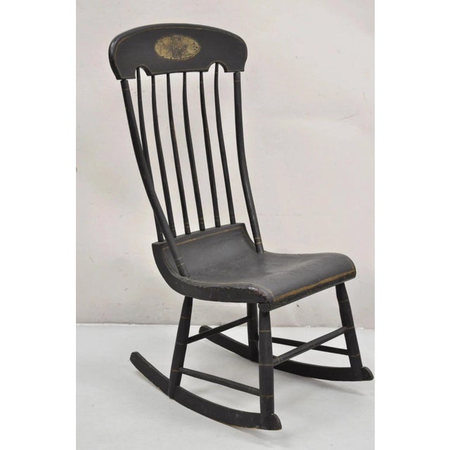 Antique Colonial Stencil Back Black Painted Plank Bottom Rocker Rocking Chair For Sale - Image 12 of 12