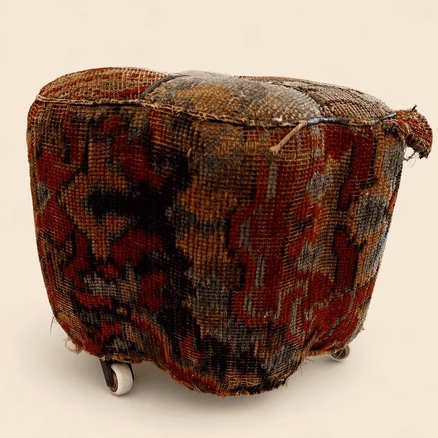 Late 19th Century Antique Oriental Carpet Footstool on Porcelain Casters For Sale - Image 4 of 9