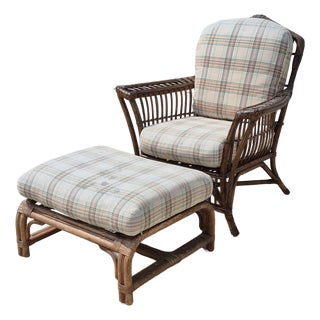1970s Lane Venture Stick Wicker Rattan Arm Chair & Ottoman, Set of 2 For Sale