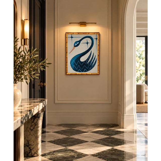 A framed original oil painting on canvas board by Tatiana Duperault, signed by the artist. A stylized navy swan with a...
