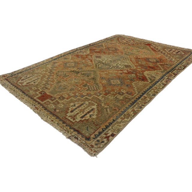 Distressed Antique Persian Shiraz Rug with Rustic Tribal Style 03'04 x 05'00. Balancing traditional sensibility and tribal...