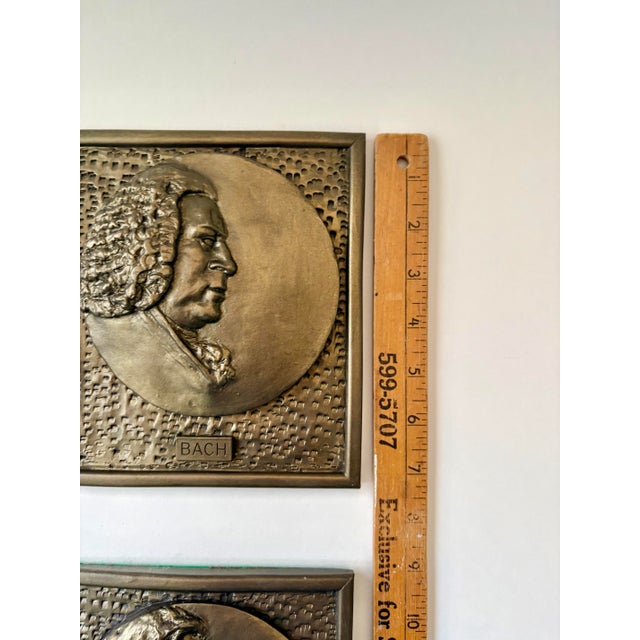Bronze Vintage Metal Relief Wall Plaques of Bach & Chopin, Set of 2 For Sale - Image 8 of 9