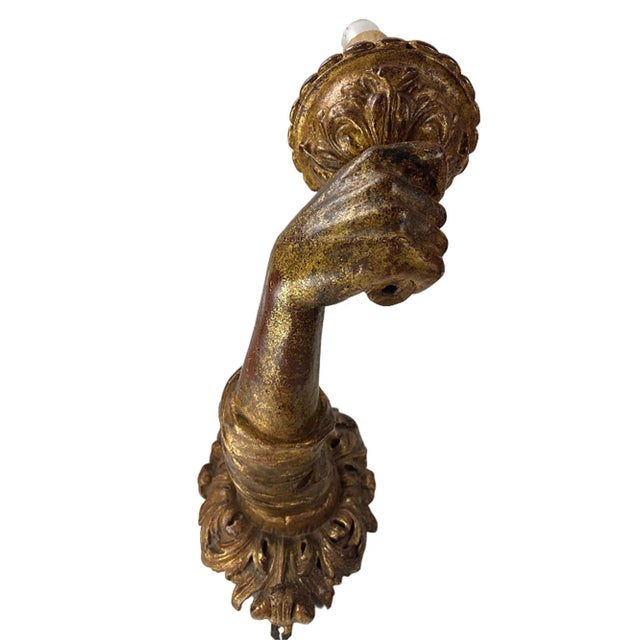 Baroque Pair of Baroque Wood Gilt 17th Century Italian Hand Carved Arm Sconces For Sale - Image 3 of 9