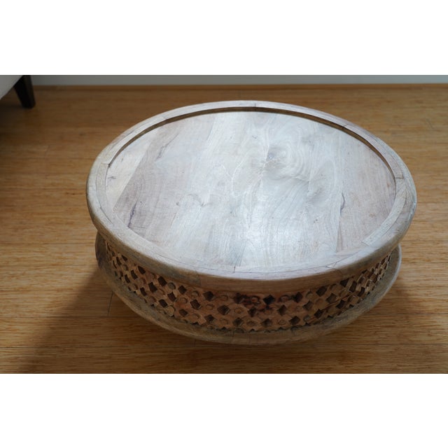 West Elm Carved Wood Round Coffee Table | Chairish
